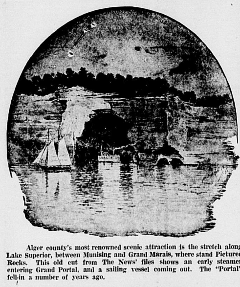 An old newspaper clipping showing Grand Portal Point before its collapse