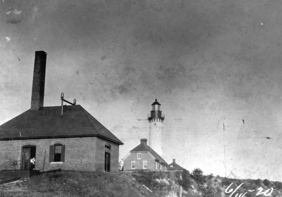 An old photo of the Au Sable Light Station grounds