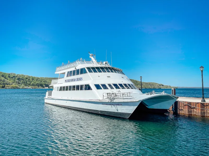 A Pictured Rocks Cruises boat at its mooring