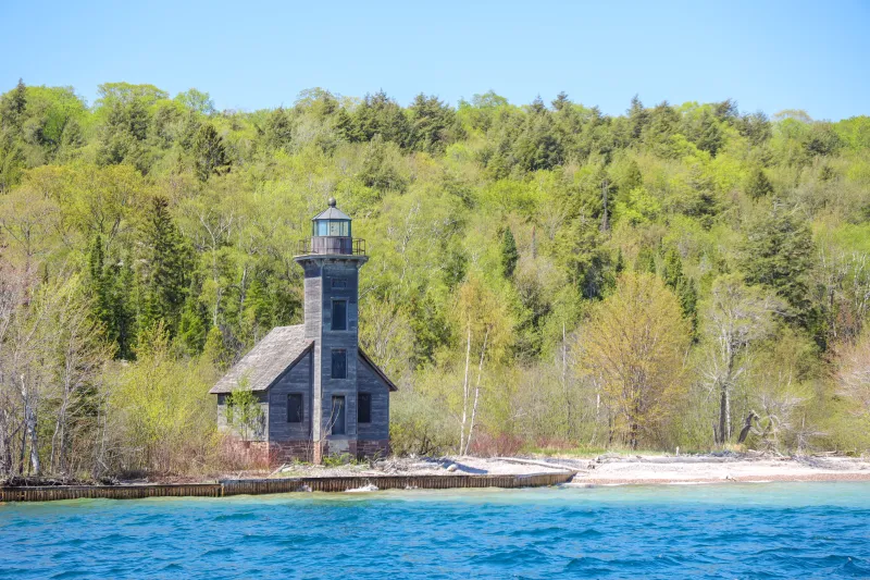 The wooden lighthouse on Grand Island in Lake Superior