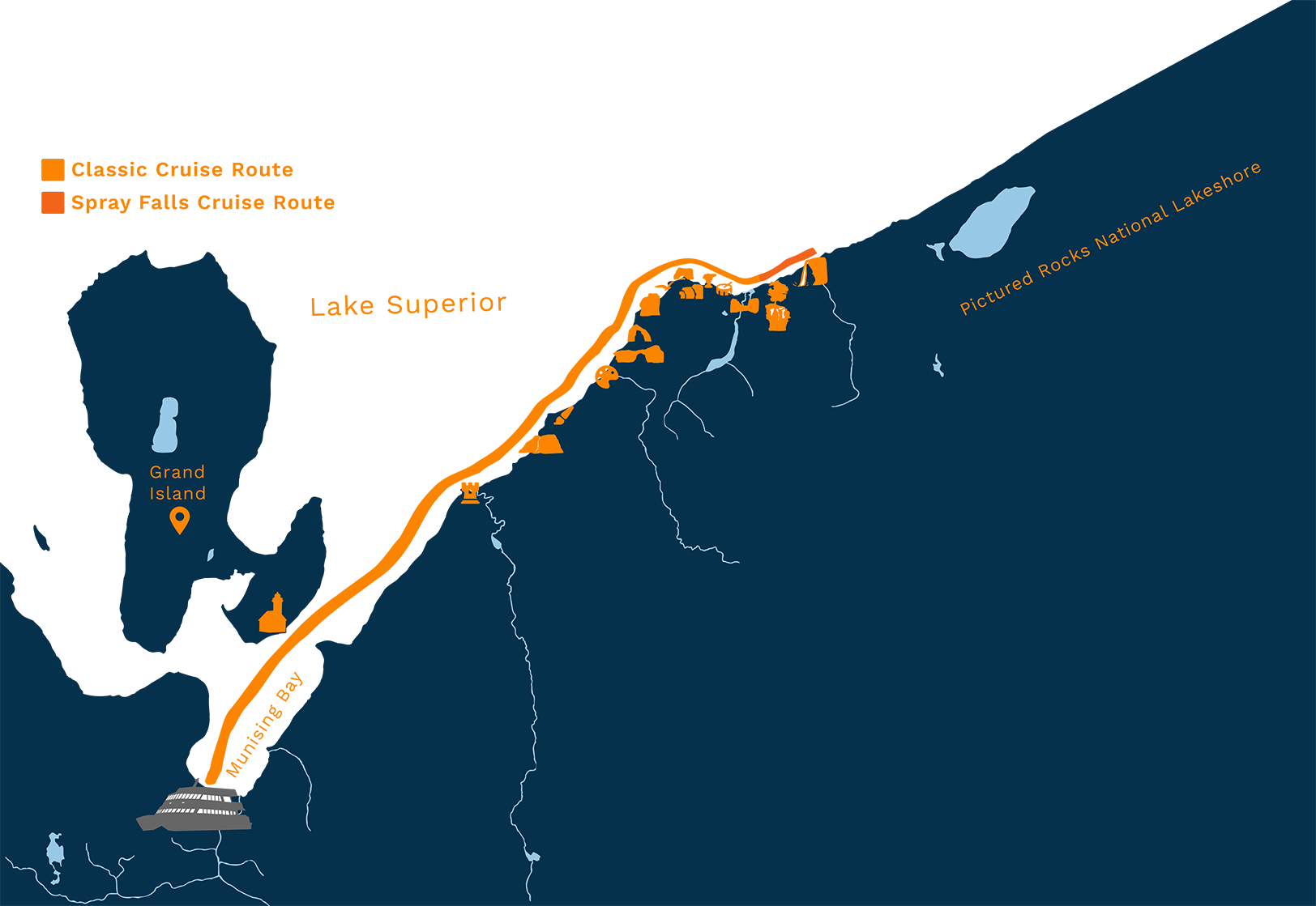Pictured Rocks Cruises Routes & Highlights Map
