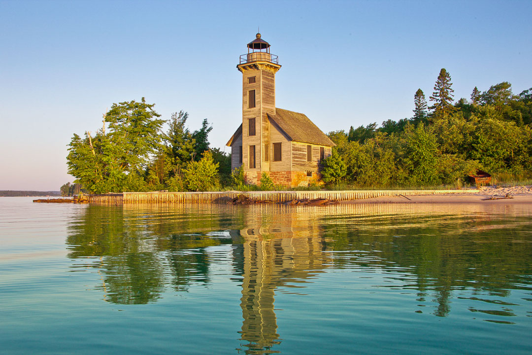 historic wooden East Channel Lighthouse on Grand Island, Lake Superior