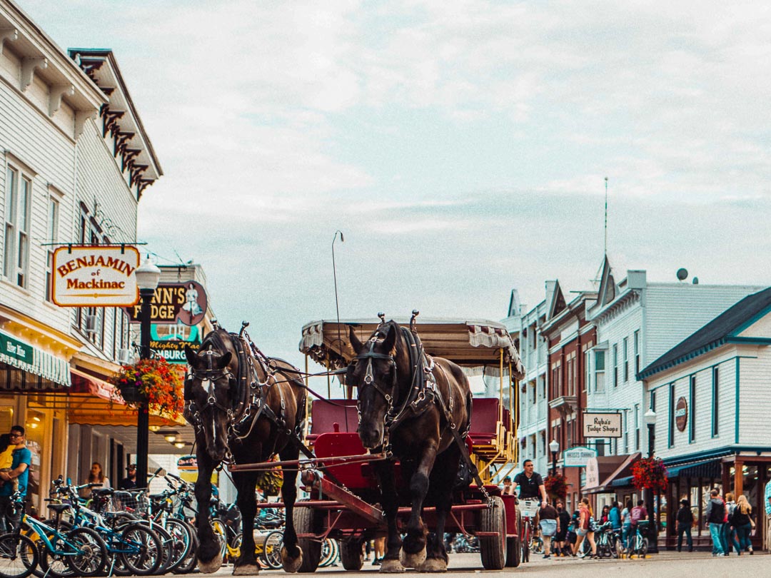 A pair of black draft horses pulling a red carriage down Main Street on Mackinac Island past fudge shops and parked bicycles